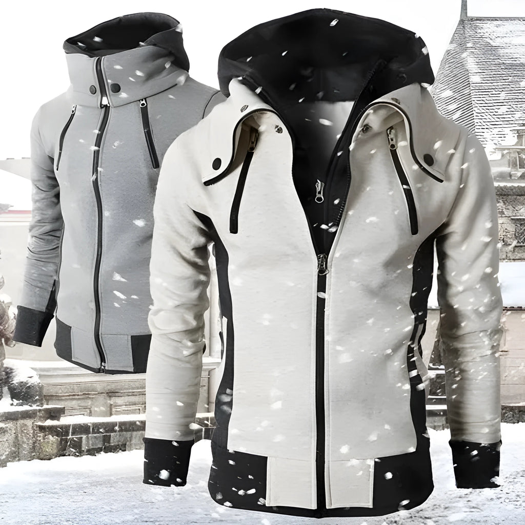 Men's high-necked hooded jacket in Darkgrey, front view with zip and hood visible