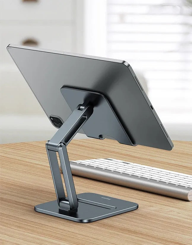 Deep space grey aluminium folding stand for a tablet and a mobile phone.