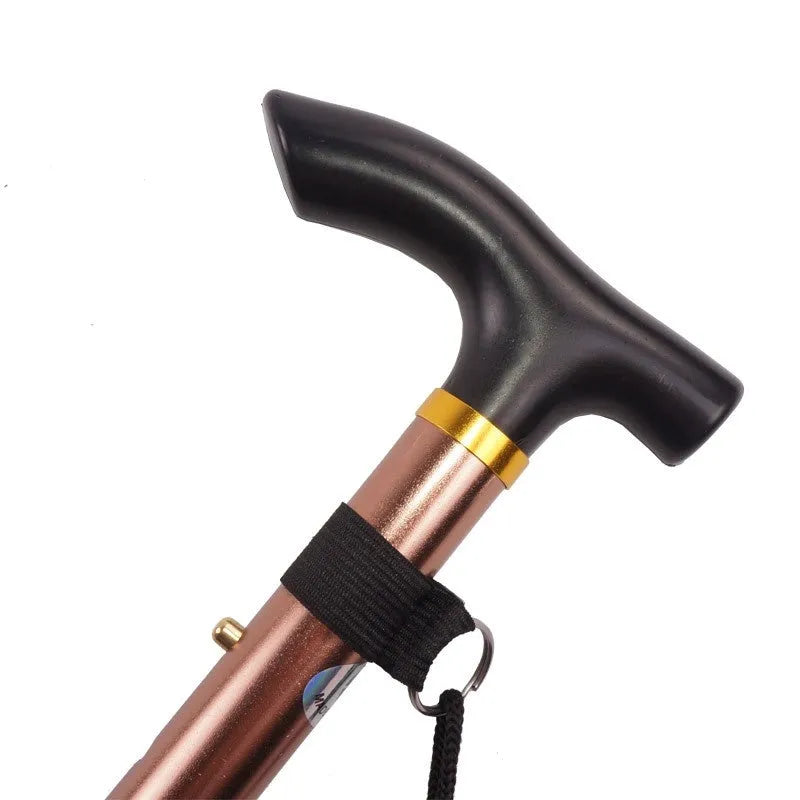 Aluminium alloy folding walking cane extended and folded, showing adjustable length and non-slip handle.