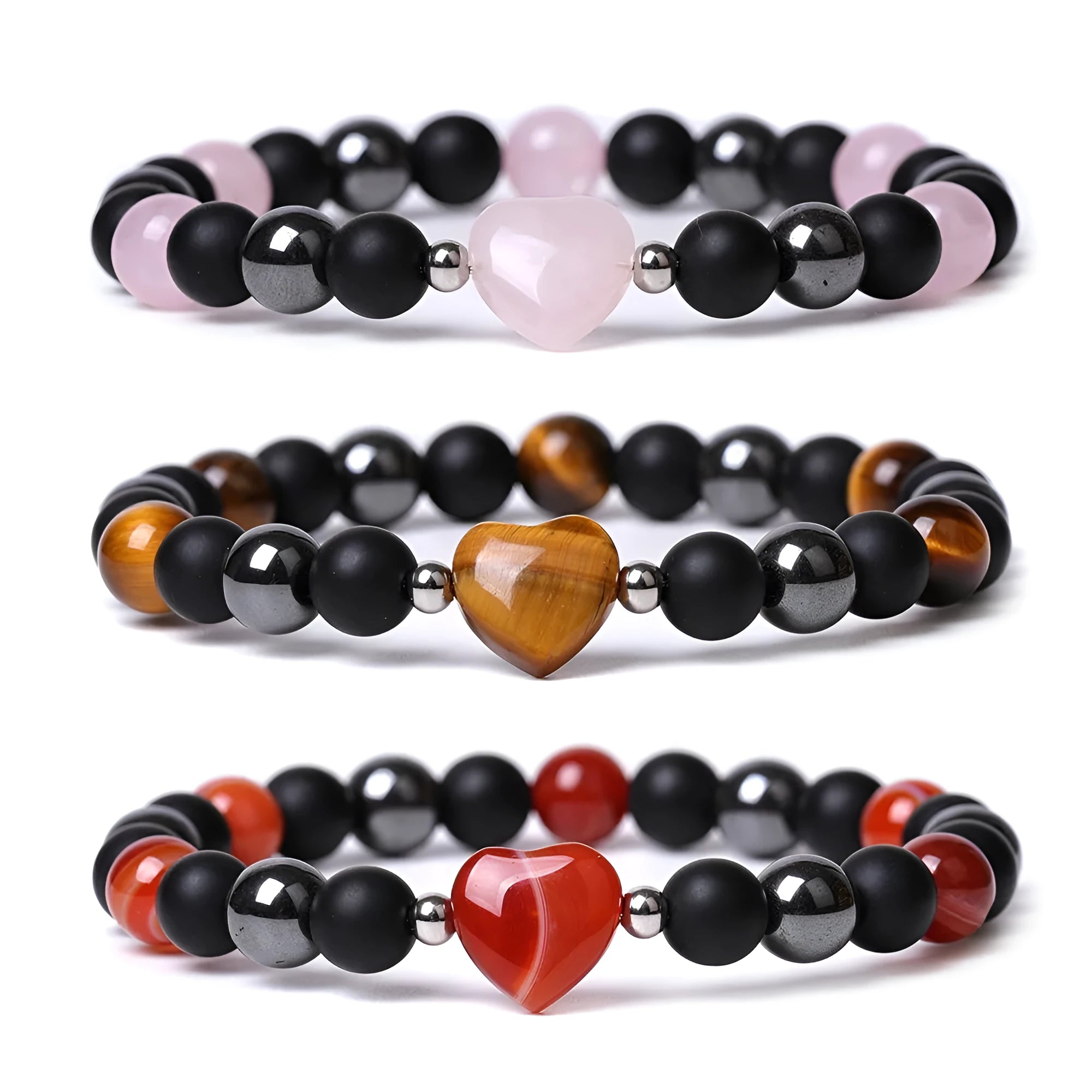 Hand-cut peach heart stone bracelet with geometric moon planet design in Tigereye colour