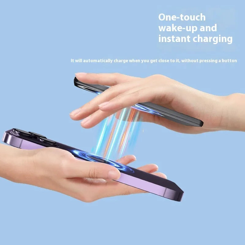 Ultra-thin magnetic power bank in dark grey colour with alloy shell showing dimensions