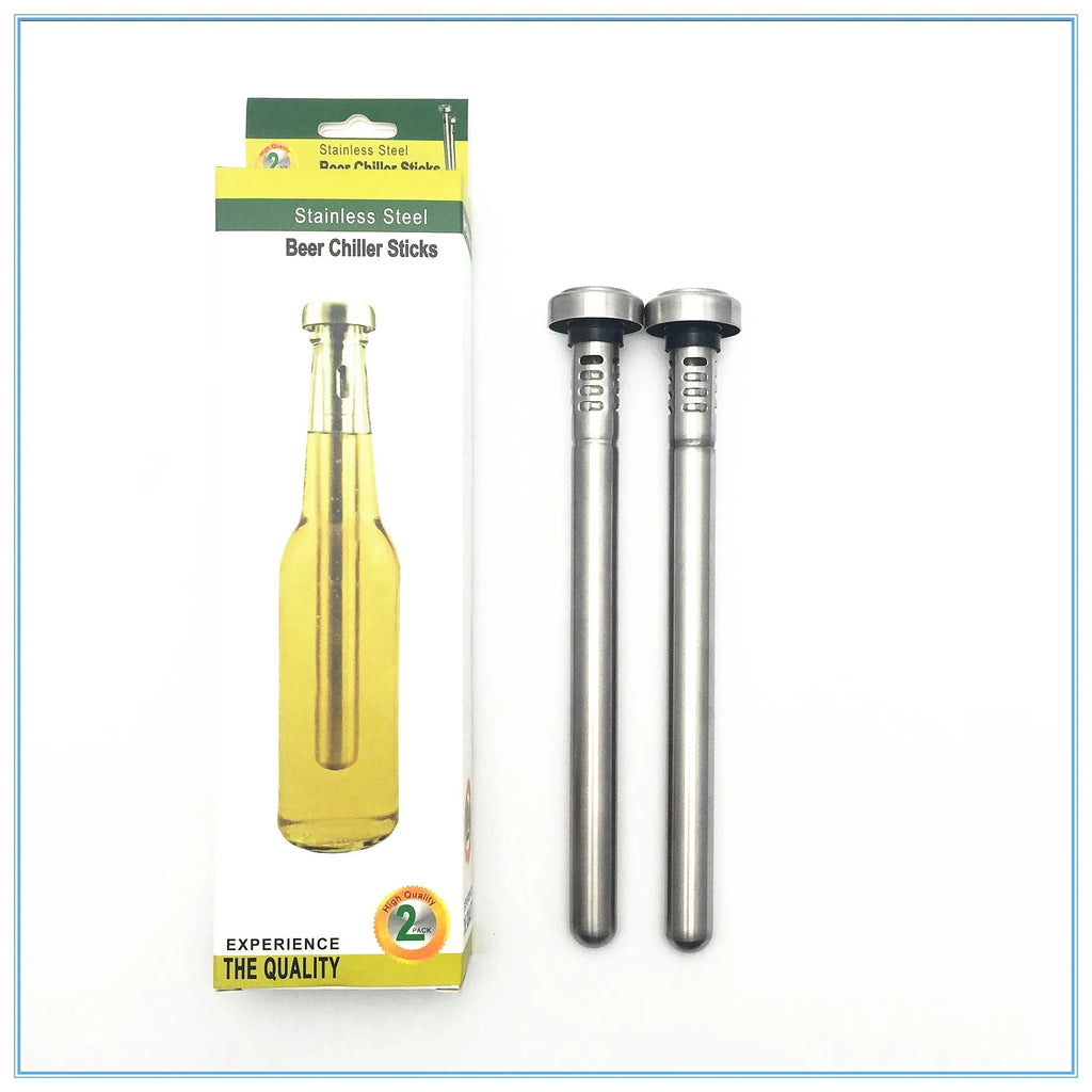 Stainless steel wine cooling rod and pourer in silver, with a bottle of red wine