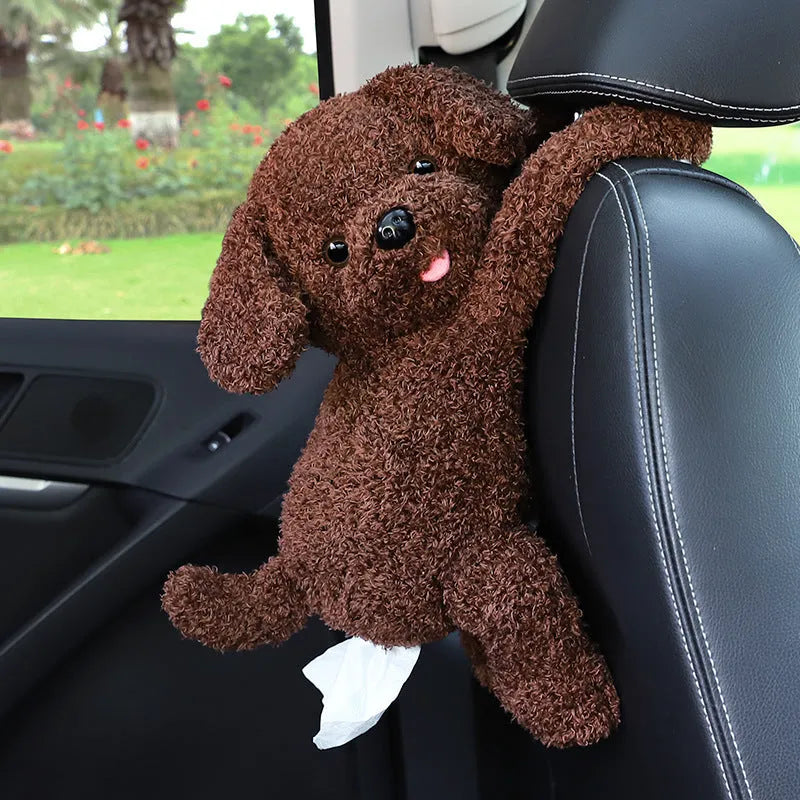 Soft plush car headrest tissue box holder in a cute animal character style.