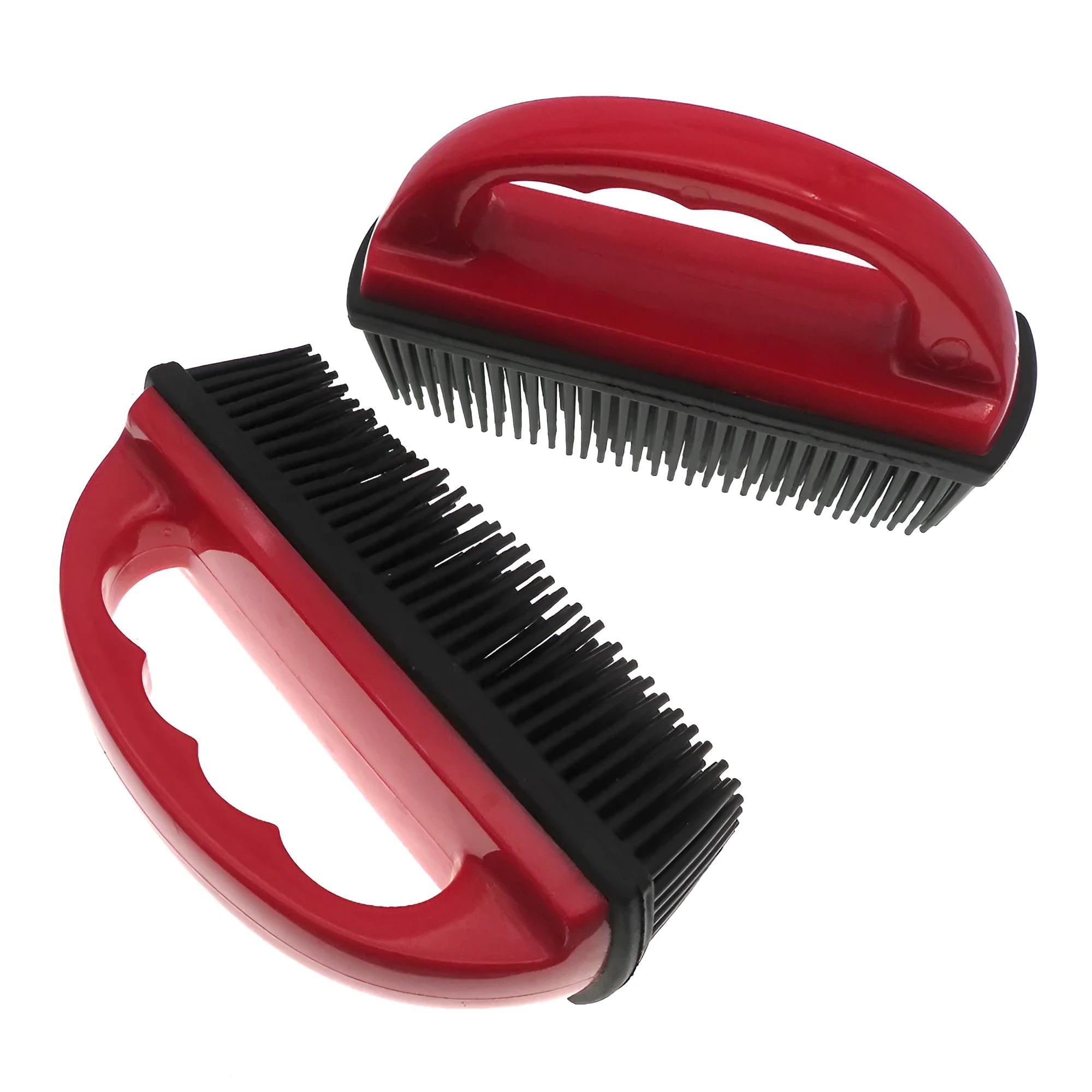 Red handheld pet hair removal brush for grooming and carpet cleaning