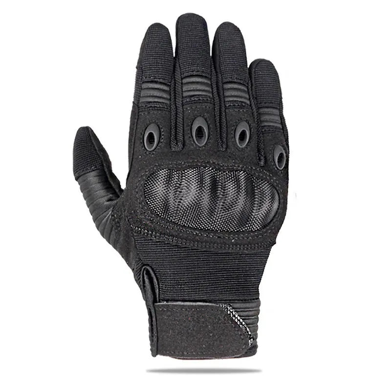 Touch screen tactical full finger motorbike gloves in knitted fabric, shown in black, grey-brown and army green.