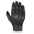 Touch screen tactical full finger motorbike gloves in knitted fabric, shown in black, grey-brown and army green.