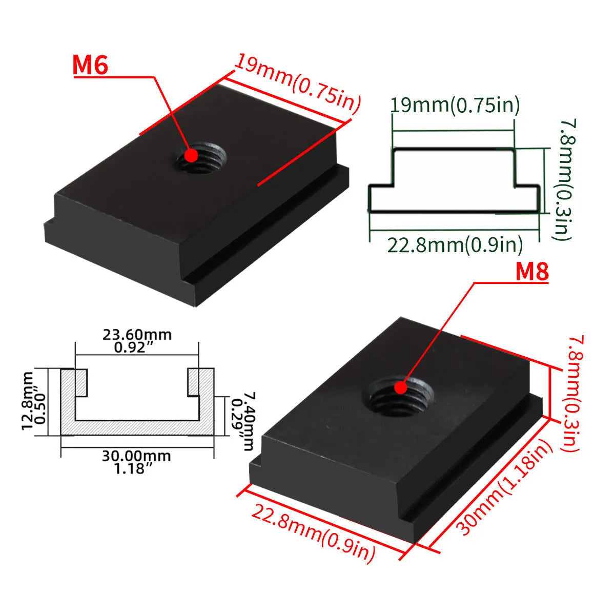 Aluminium alloy M6 and M8 sliding chute slider set for woodworking T-slot tracks in black, silver, blue, and red.