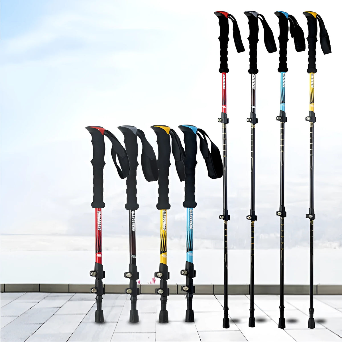Telescopic trekking pole with 7075 aluminium alloy shaft, EVA handle, tungsten steel tip and outer lock, 63-135cm