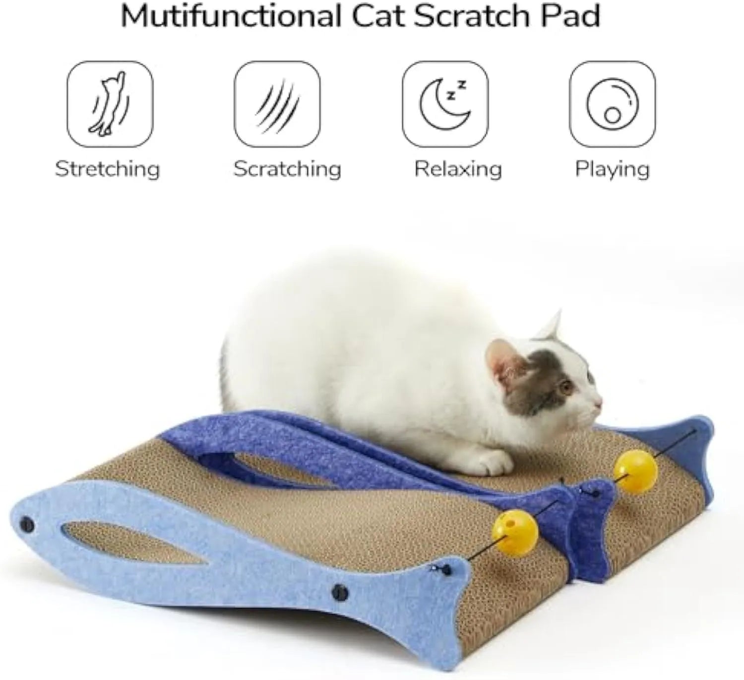 Blue fish-shaped cardboard cat scratcher lounge with bell ball toys on elastic cord