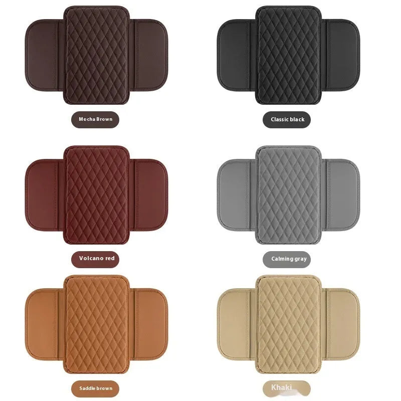 Universal leather car armrest box mat 30.8cm by 20cm with thin side pocket in beige, black, gray, brown, or red
