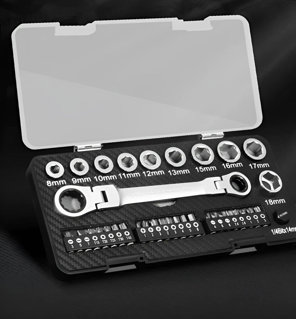 Dual-purpose ratchet wrench and screwdriver set with sockets and bit heads on a white background.