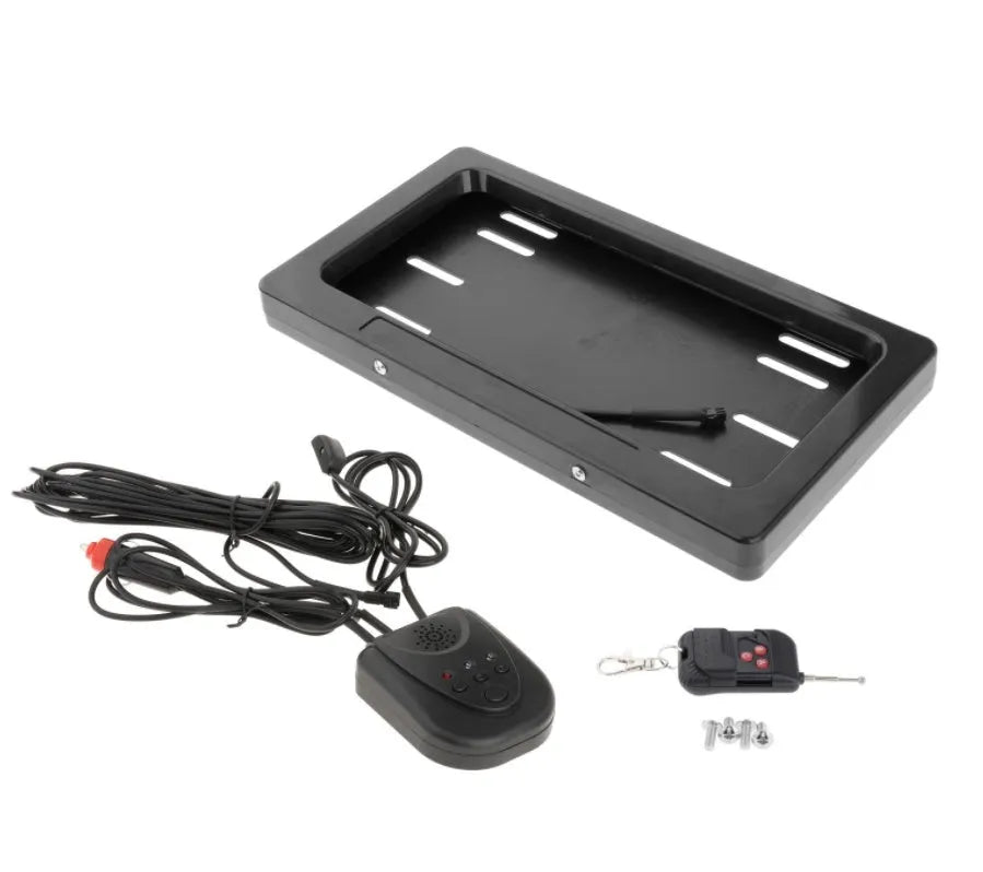 Black flipping licence plate frame made of iron and plastic measuring 314 by 169 millimetres, suitable for US standard plates