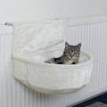 Iron frame cat hammock with grey fleece fabric suspended on a metal frame.