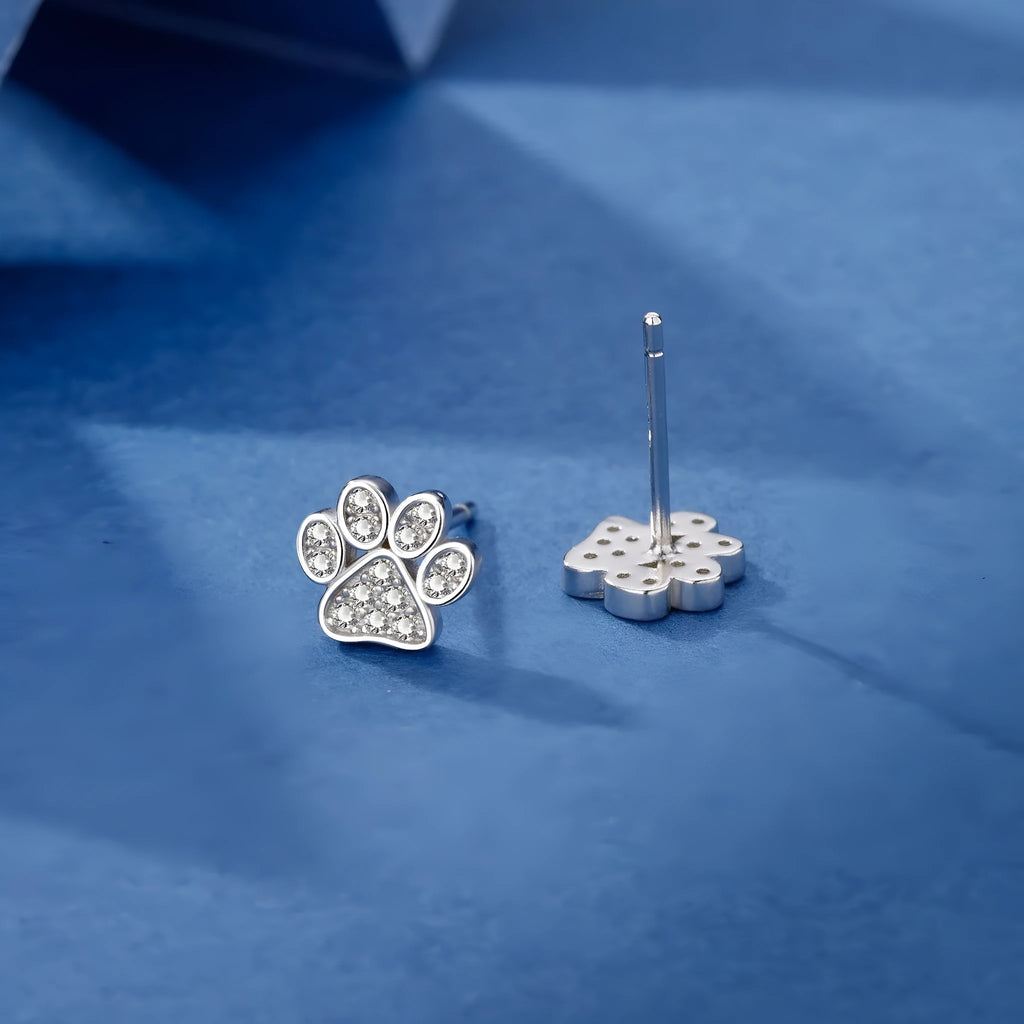 Pair of 925 sterling silver cat's paw stud earrings with full diamond zircon stone setting in silver