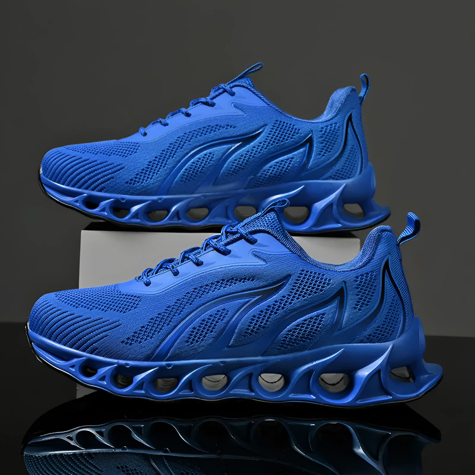 Men's blue mesh sports trainers with lace-up front and flame pattern design on side