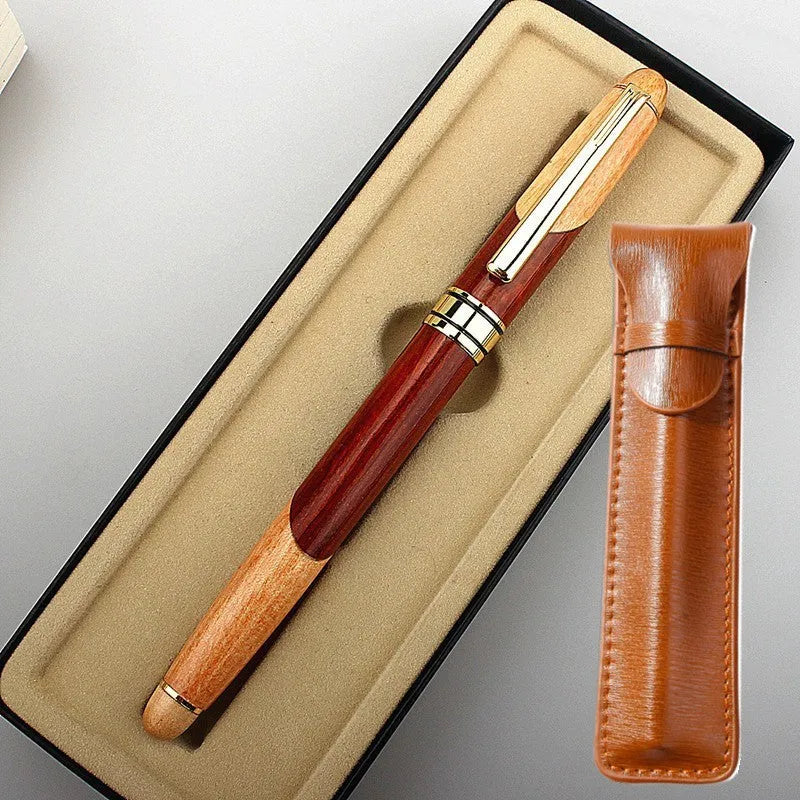 Wooden and metal pen for office use shown with a protective storage bag.