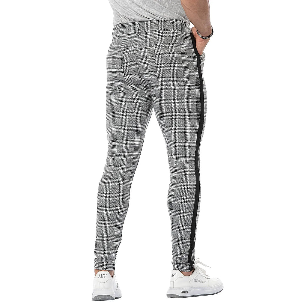 Men's high elasticity polyester plaid casual trousers in black border colourway