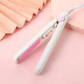 Mini hair straightener for bangs styling with storage box in blue, pink, purple, white, or yellow options