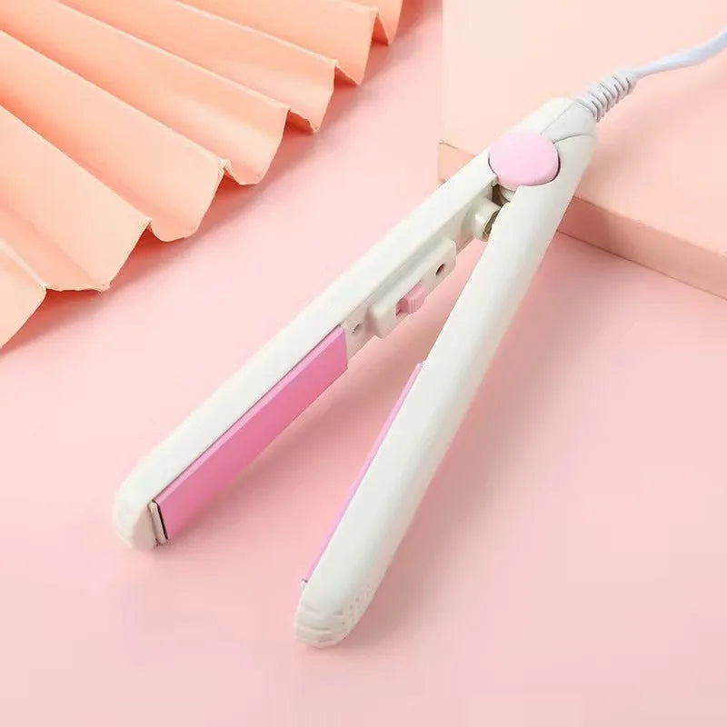 Mini hair straightener for bangs styling with storage box in blue, pink, purple, white, or yellow options