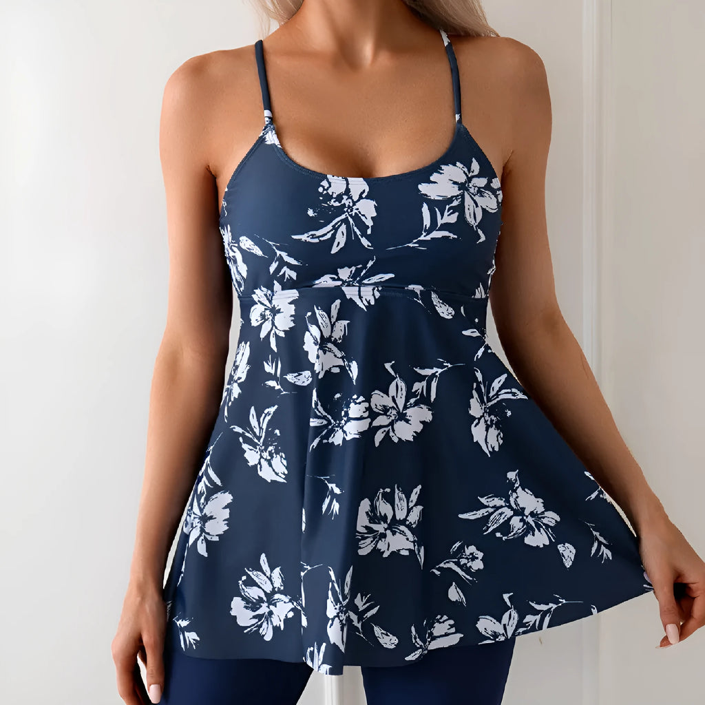 Women's two-piece strap swimsuit with high-waist pants in polyester, available in five colours and sizes S to XXL
