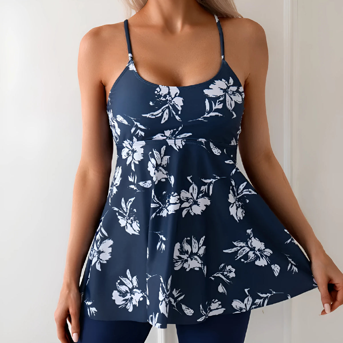Women's two-piece strap swimsuit with high-waist pants in polyester, available in five colours and sizes S to XXL