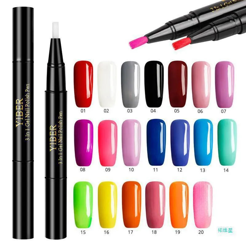 5pcs 3 in 1 one step nail polish pens with long iron pipe handles in multicolour set