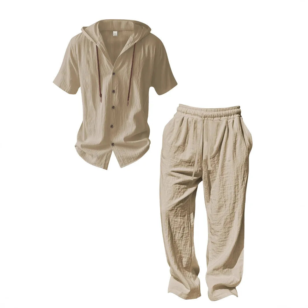 Men's casual cotton suit set in a neutral colour, showing the long-sleeved top and trousers laid flat.