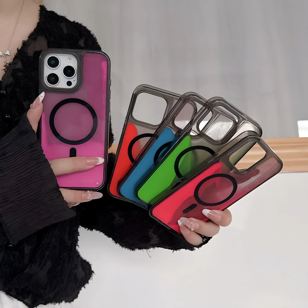 Luminous quicksand magnetic suction phone case for iPhone 14 Pro Max in transparent colour with glow-in-the-dark effect