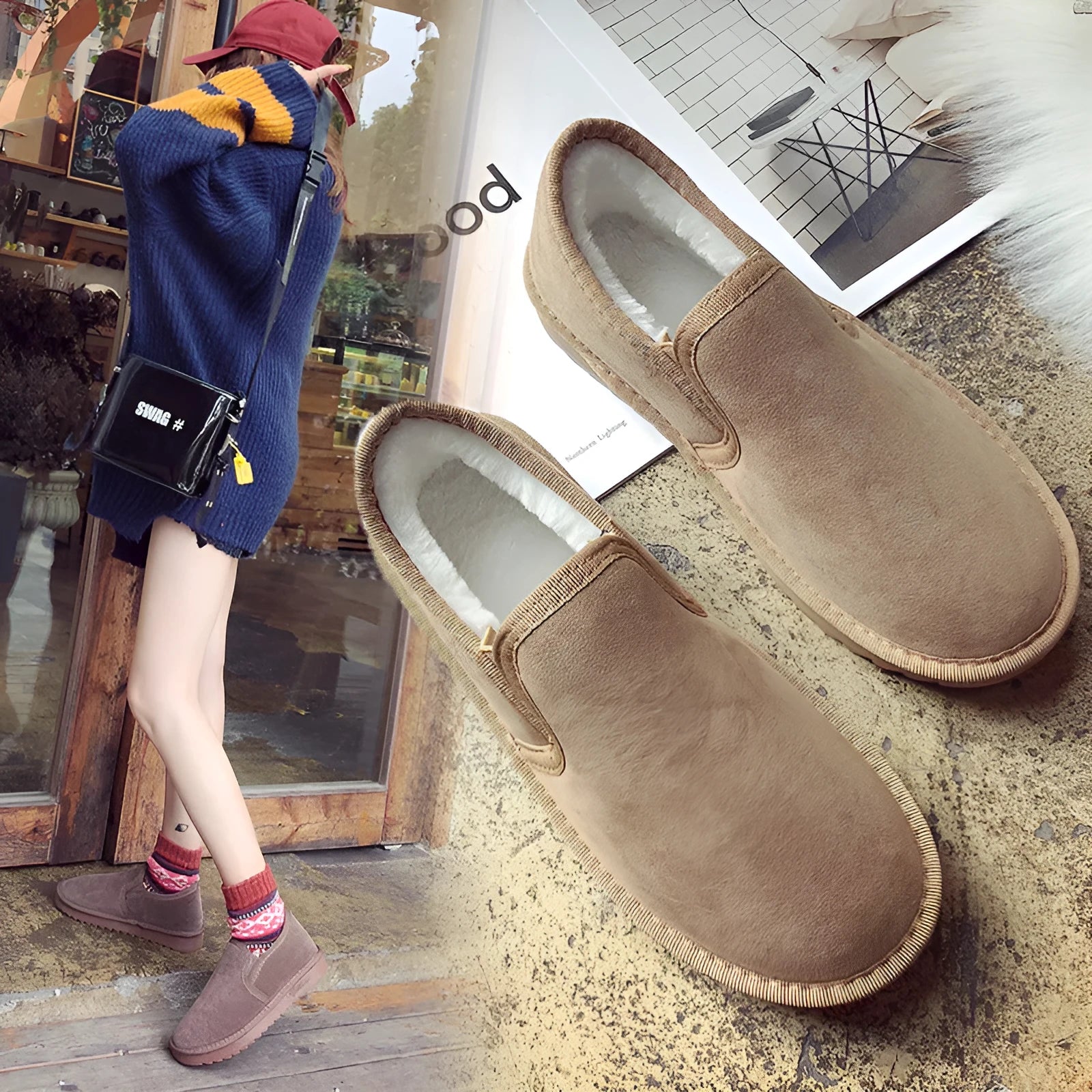 Women's fleece-lined flat snow boots in five colours with artificial wool lining and rubber sole