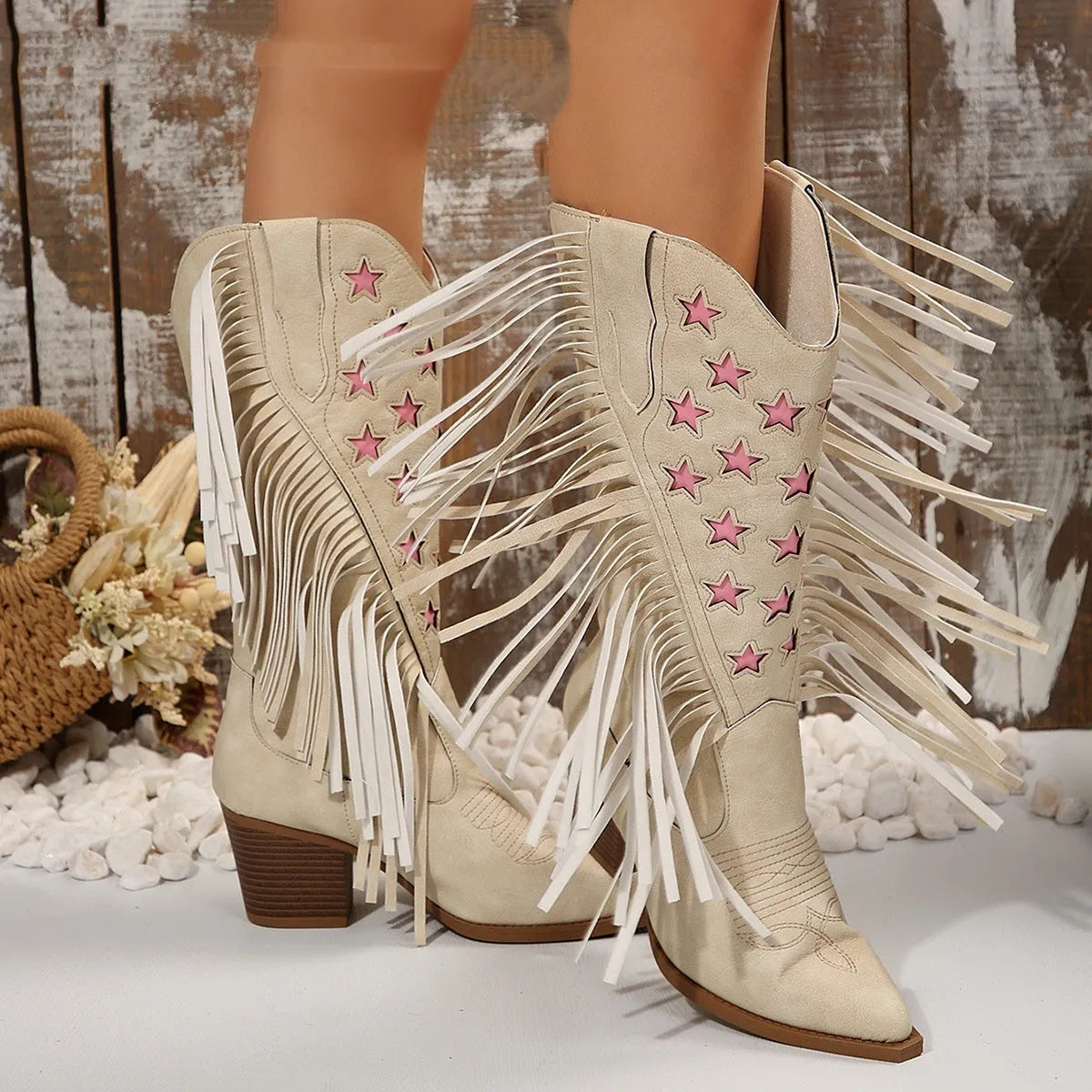 Women's high heel tassel embroidery boots in artificial PU with rubber sole, low tube, beige colour