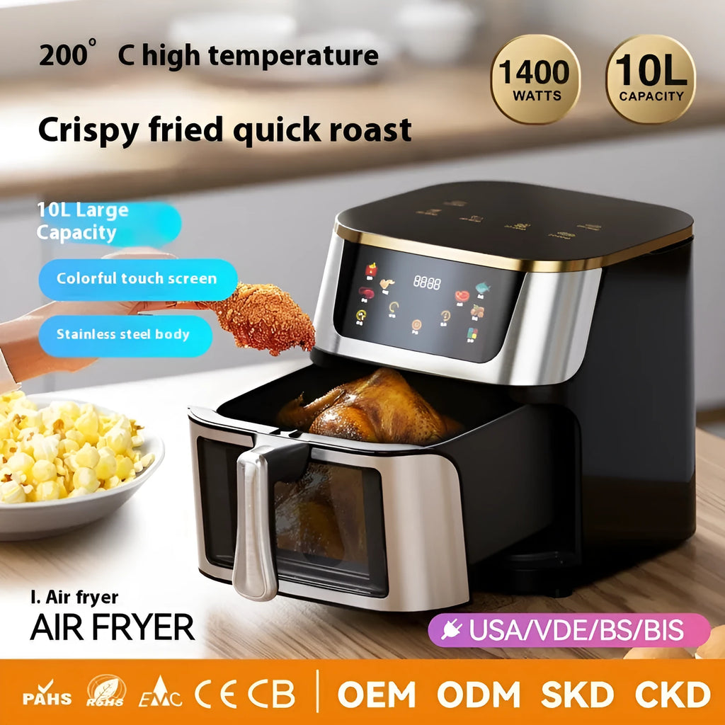 10L visual air frying oven with colour screen black gold, plastic body, 305x348mm, overheating protection