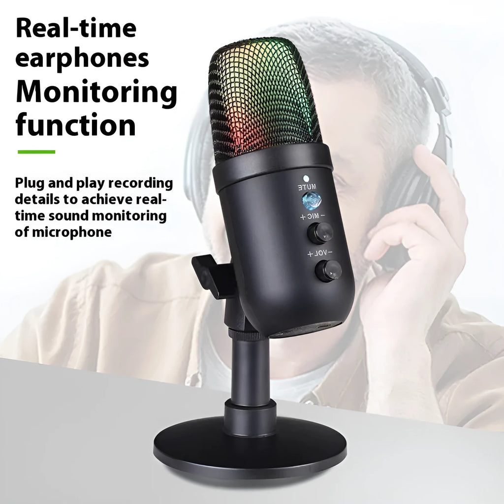 Black USB microphone with RGB lighting for computer streaming and mobile karaoke