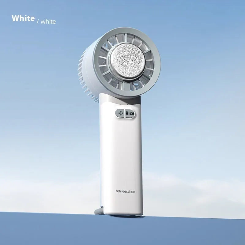 Handheld turbo jet fan in white or light blue colour with compact portable design for personal cooling