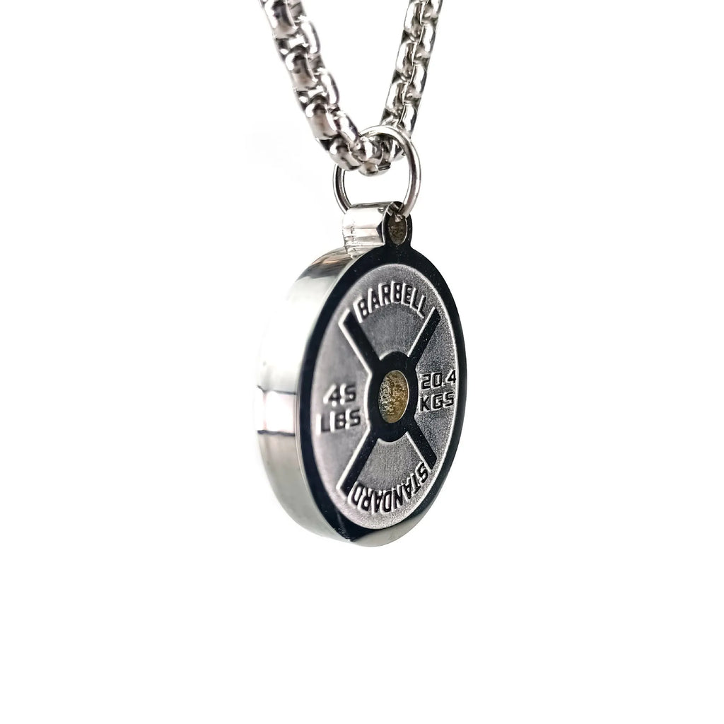 Stainless steel geometric barbell disk necklace pendant on a choice of gold, black, or pearl chain