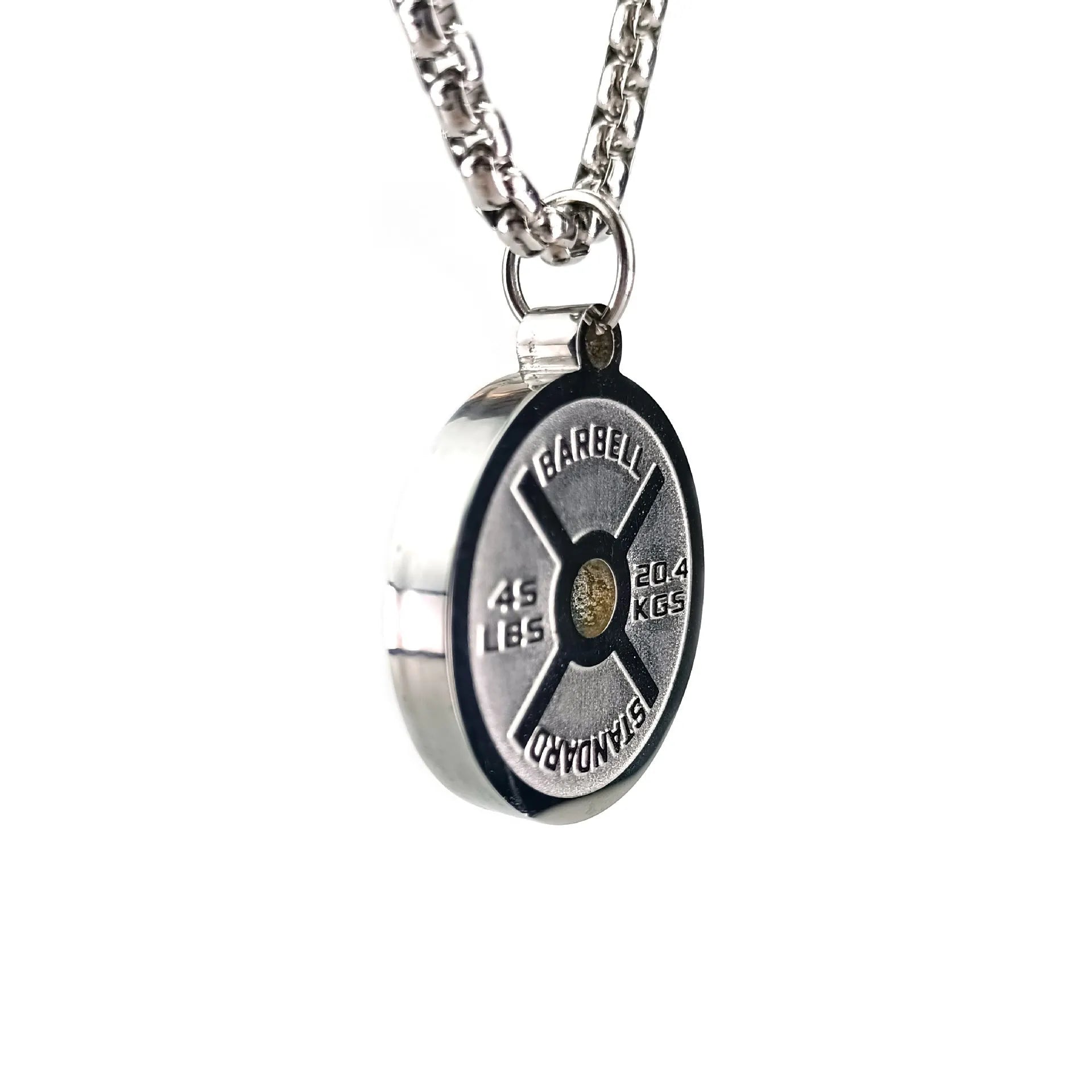 Stainless steel geometric barbell disk necklace pendant on a choice of gold, black, or pearl chain