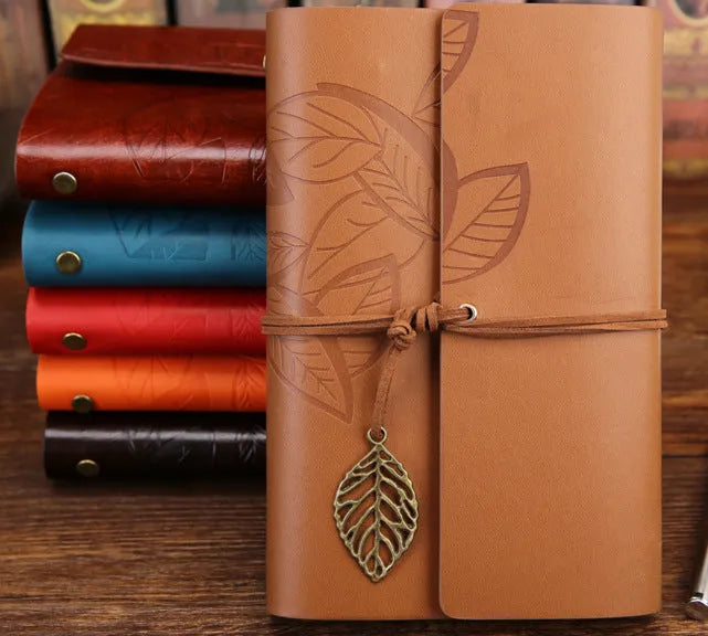 Artificial leather leaf-shaped notepad diary with beige paper, 150 pages, brown colour, large size
