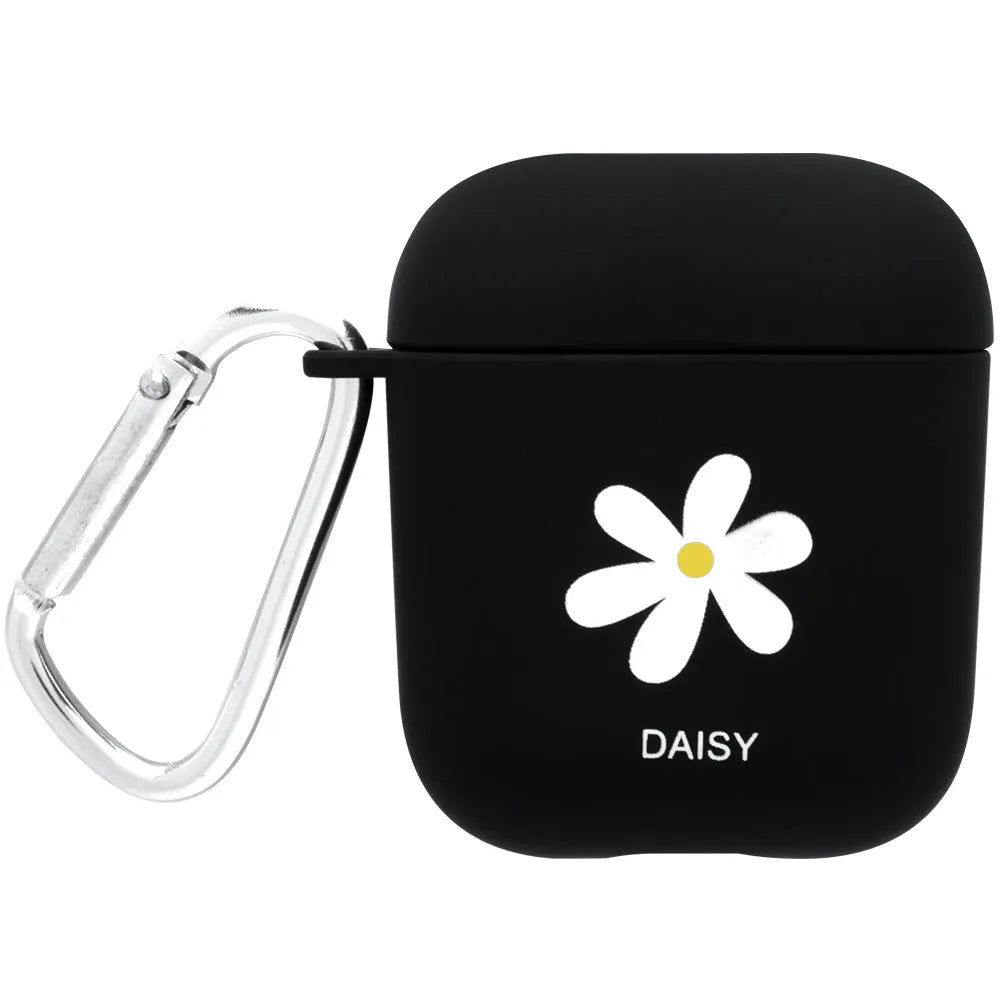 PC AirPods cover with decorative flower design on black background