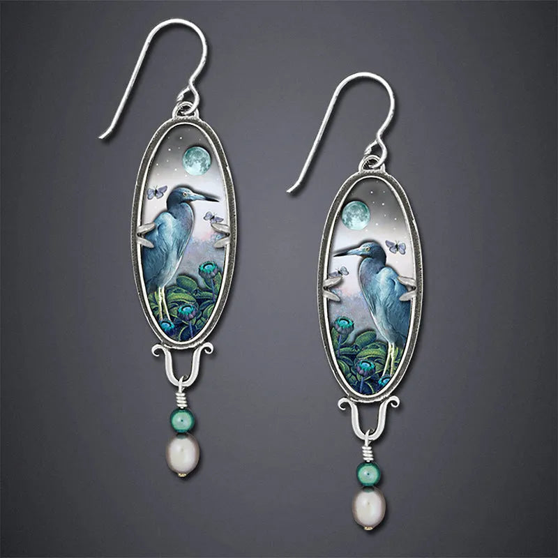 Silver-tone bird flower drop earrings with intricate palace retro detailing and electroplated metal construction
