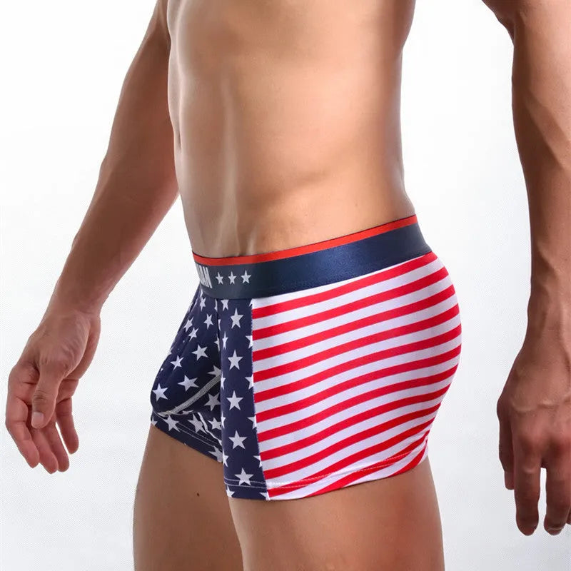 American flag printed ribbed boxers in red, cotton spandex blend, sizes S-XL