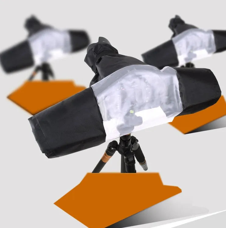 Single lens reflex camera rainproof cover with clear plastic window and zipper closure