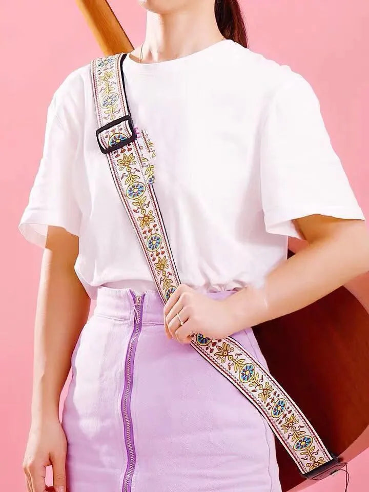 Embroidered guitar strap, adjustable 135-150cm, 5cm wide, thicker 1.8-2.0mm webbing, style S113 A