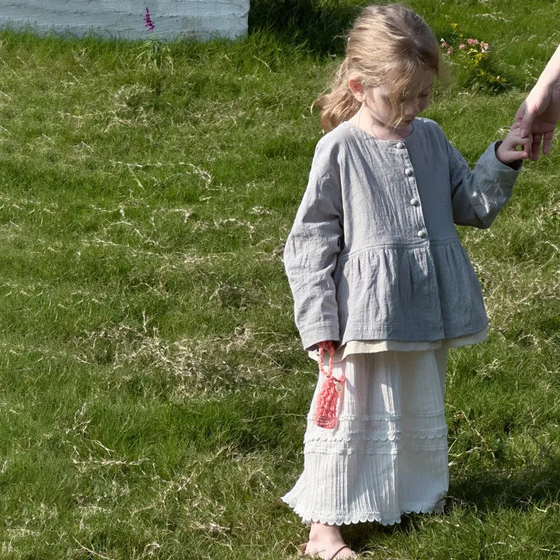 Grey baby long sleeve top with fake two-piece cardigan and lace design, cotton fabric, sizes 90cm to 130cm.