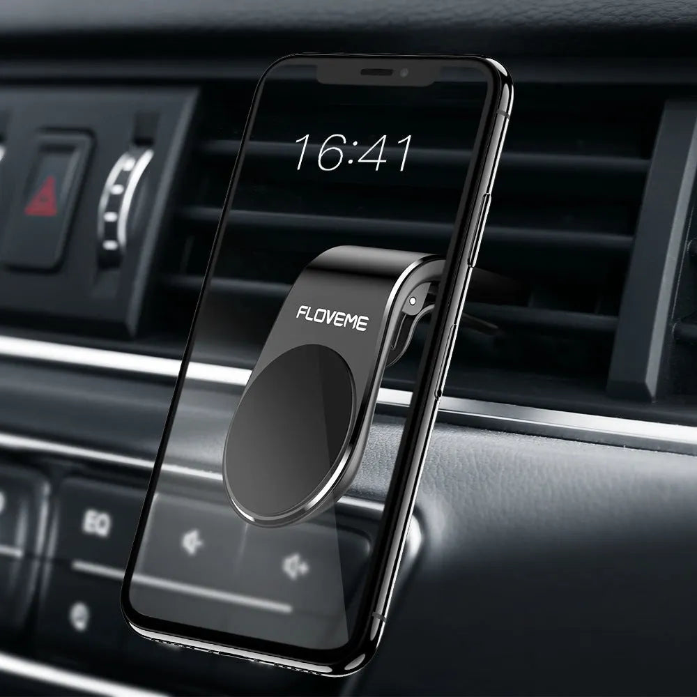 Floveme black car magnet phone bracket attached to air vent with silver aluminium alloy finish