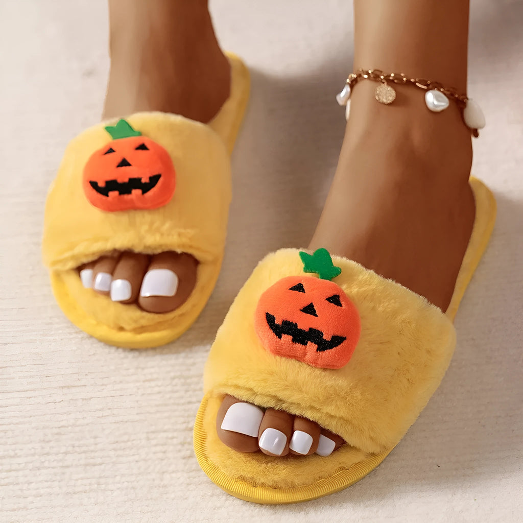 Halloween pumpkin cartoon design plush slippers with synthetic fur uppers