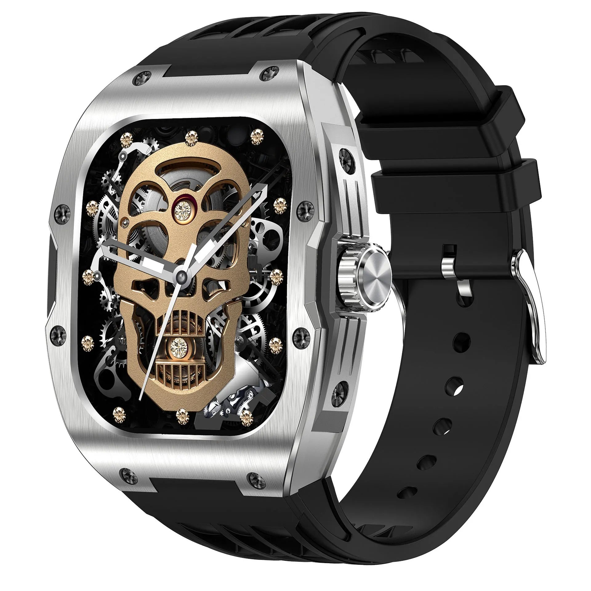Men's black Bluetooth smart watch with AMOLED touch screen display on a sports bracelet strap.