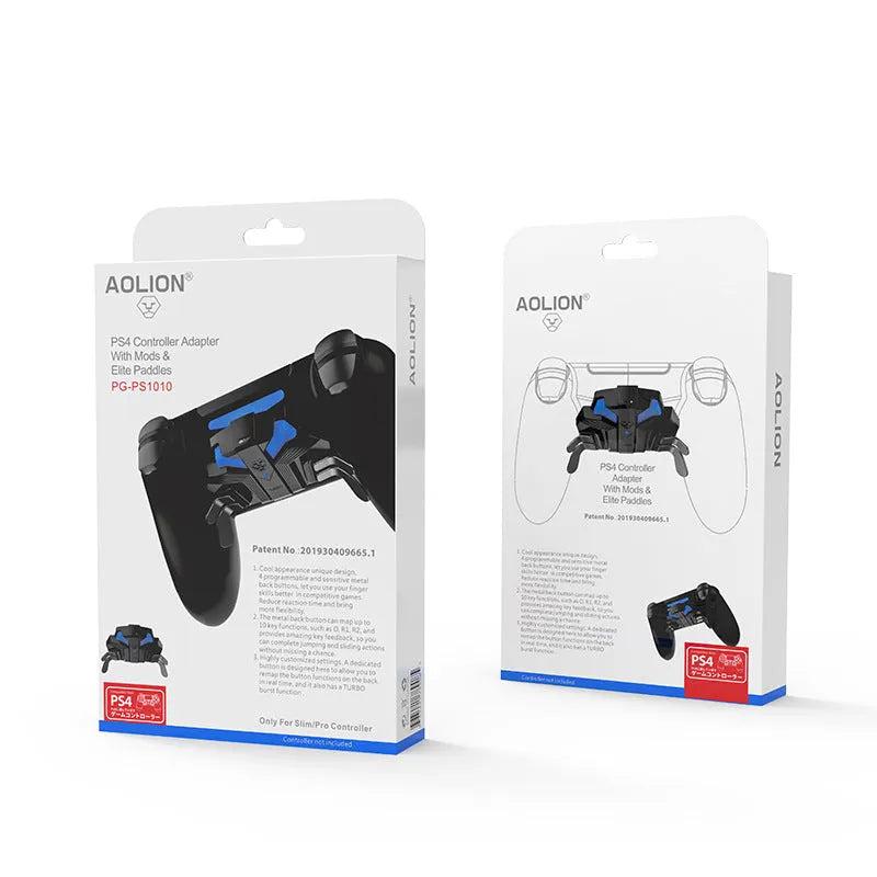 Black PS4 controller back button attachment with 3.5mm audio jack and long USB Type-C cable.