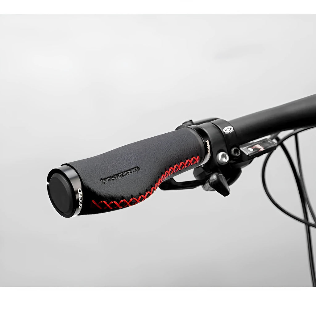 Bicycle handle grips in artificial leather with curved shape for wrist protection, black/black line colour
