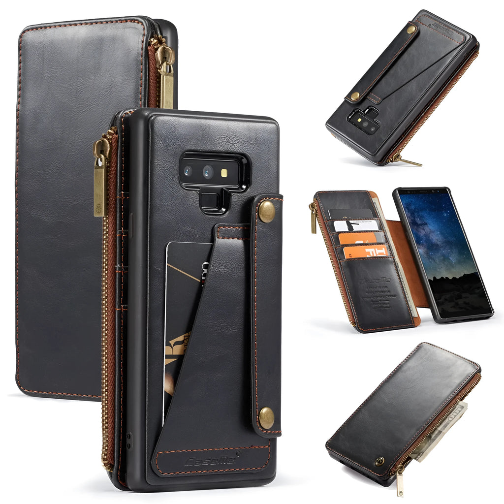 Black PU leather flip phone case for SAMSUNG Note9 showing front and back views
