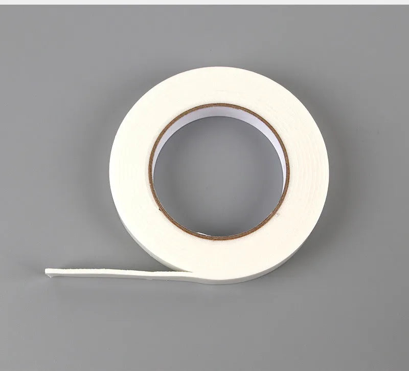 Roll of 3mm thick white foam double-sided adhesive tape with clear BOPP liner, showing width options.