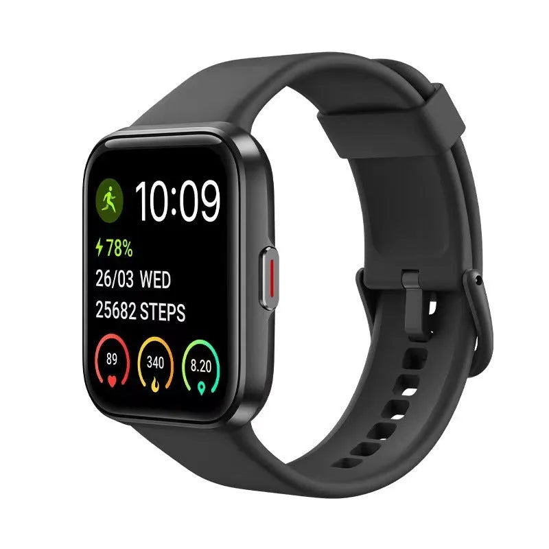 Smart watch with colour touch screen displaying health stats, shown in black, pink, blue, and green colour options.